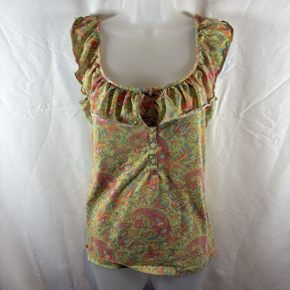 Lauren Ralph Lauren Womens PL Green Paisley Ruffle Blouse Boho Cottagecore Fairy